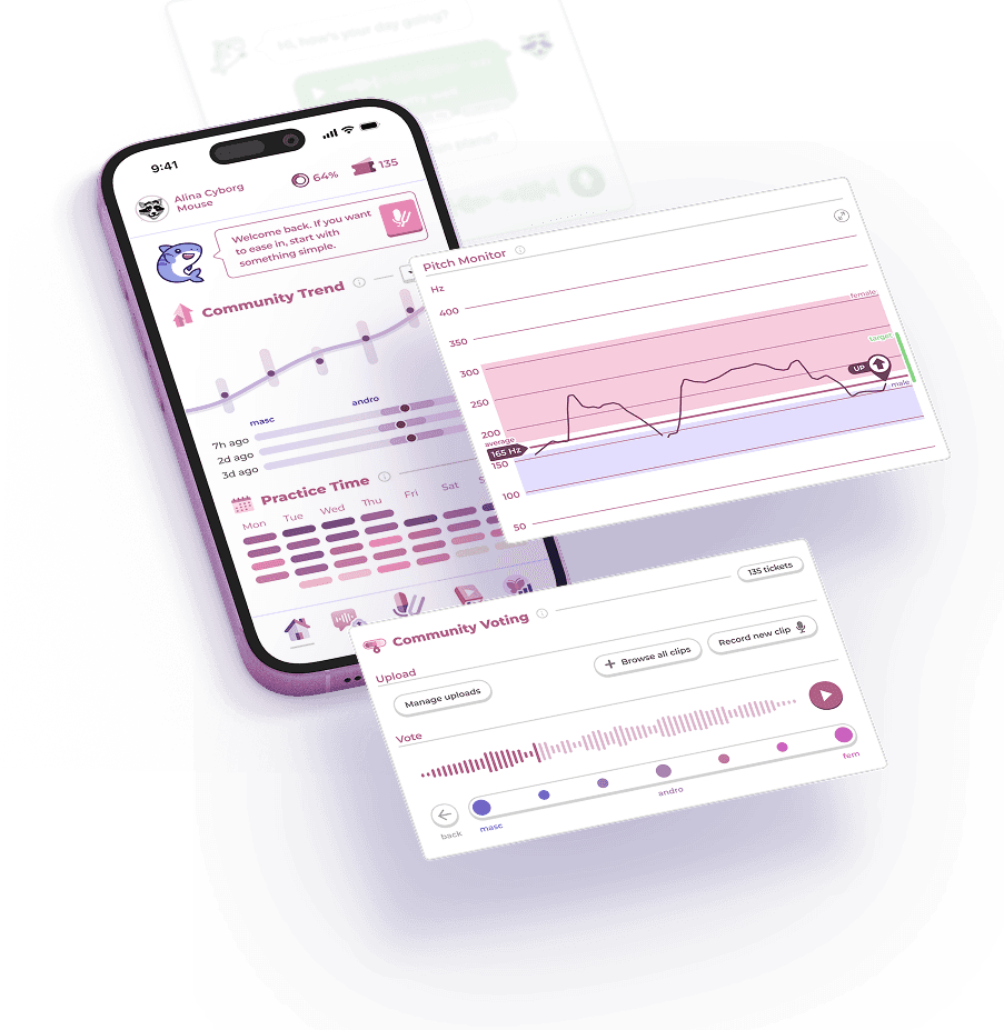 TransVoice app interface showing voice training tools