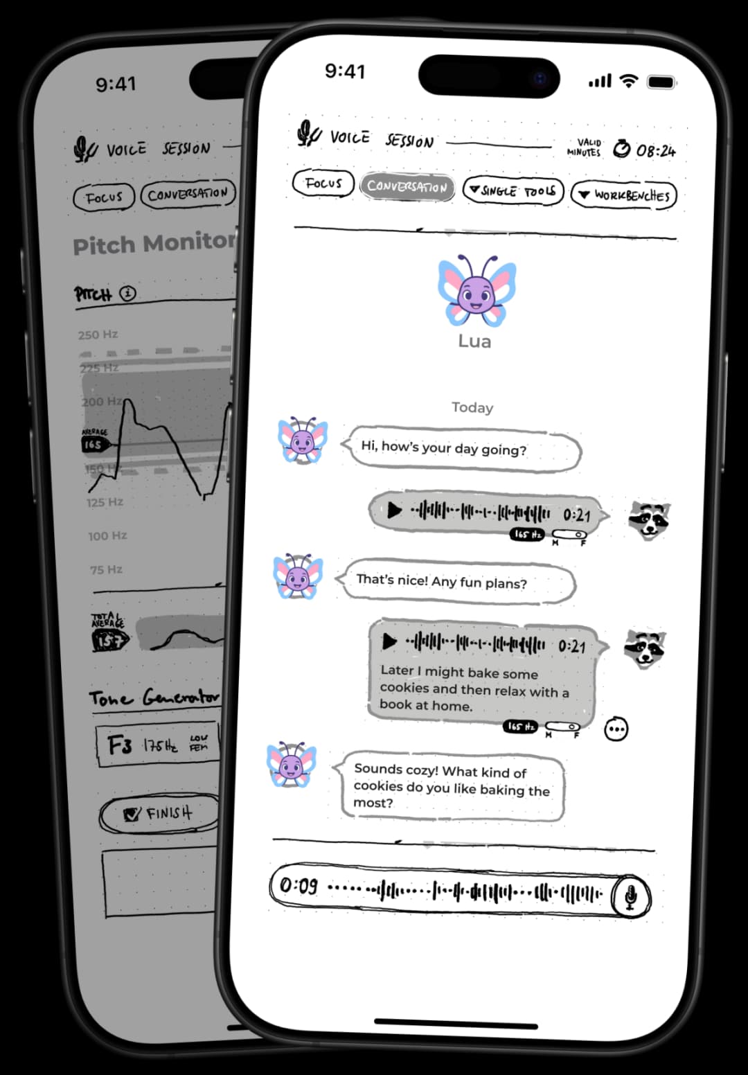 TransVoice app interface showing voice training tools